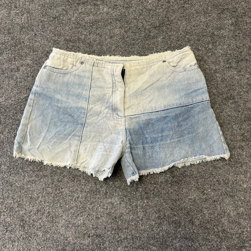 Etam Shorts Womens UK 10 Blue Patchwork Denim Raw Hem Fringe Casual Summer